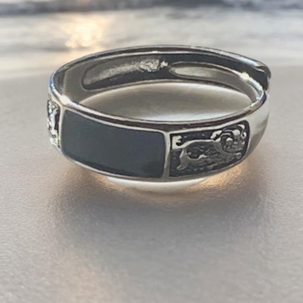 Steal Dragon Ring with Black Inlay adjustable 5 to 8